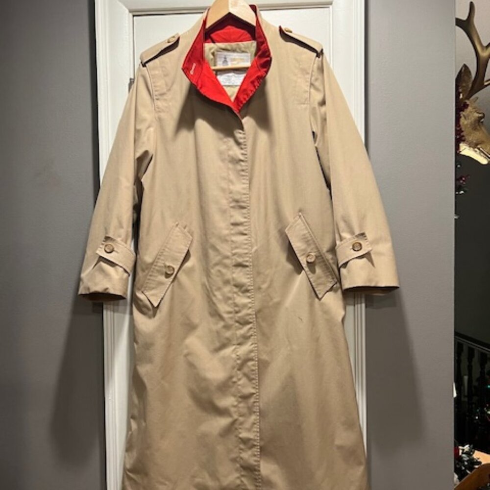 Vintage Womens London Fog Swing Trench Coat Sz 8 Petite Tan w Red